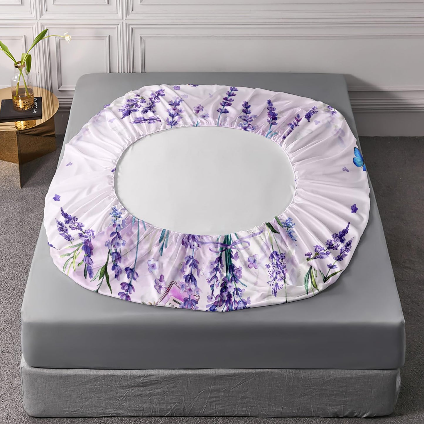 AILONEN Purple Butterfly Fitted Sheet Full Size, Blossoming Lavender Floral Bedding Set- Flying Butterfly Bring Flowers Book Print Bed Sheet 3 Pieces Set, 1 Fitted Sheet and 2 Pillowcases