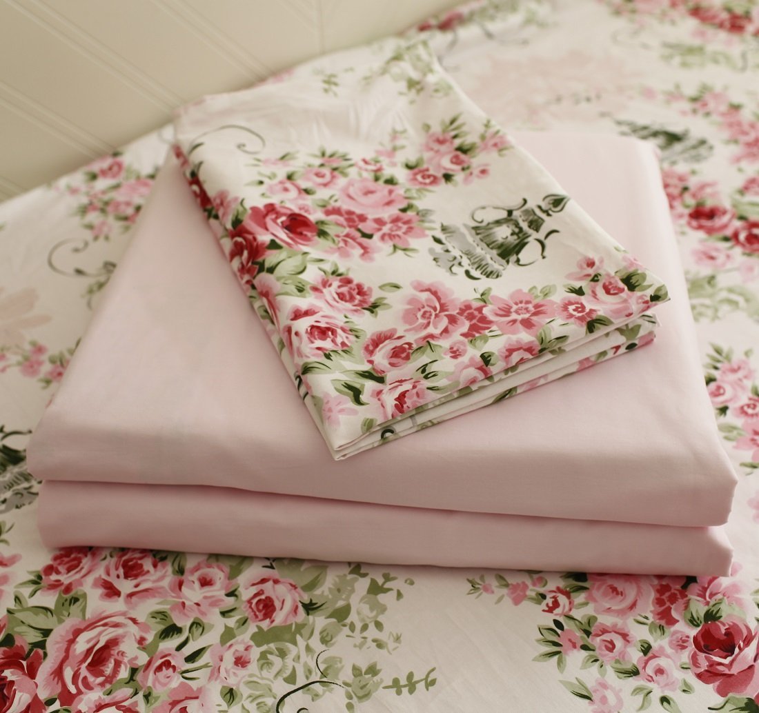 FADFAY Rose Floral 4 Piece Bed Sheet Set 100% Cotton Deep Pocket-King