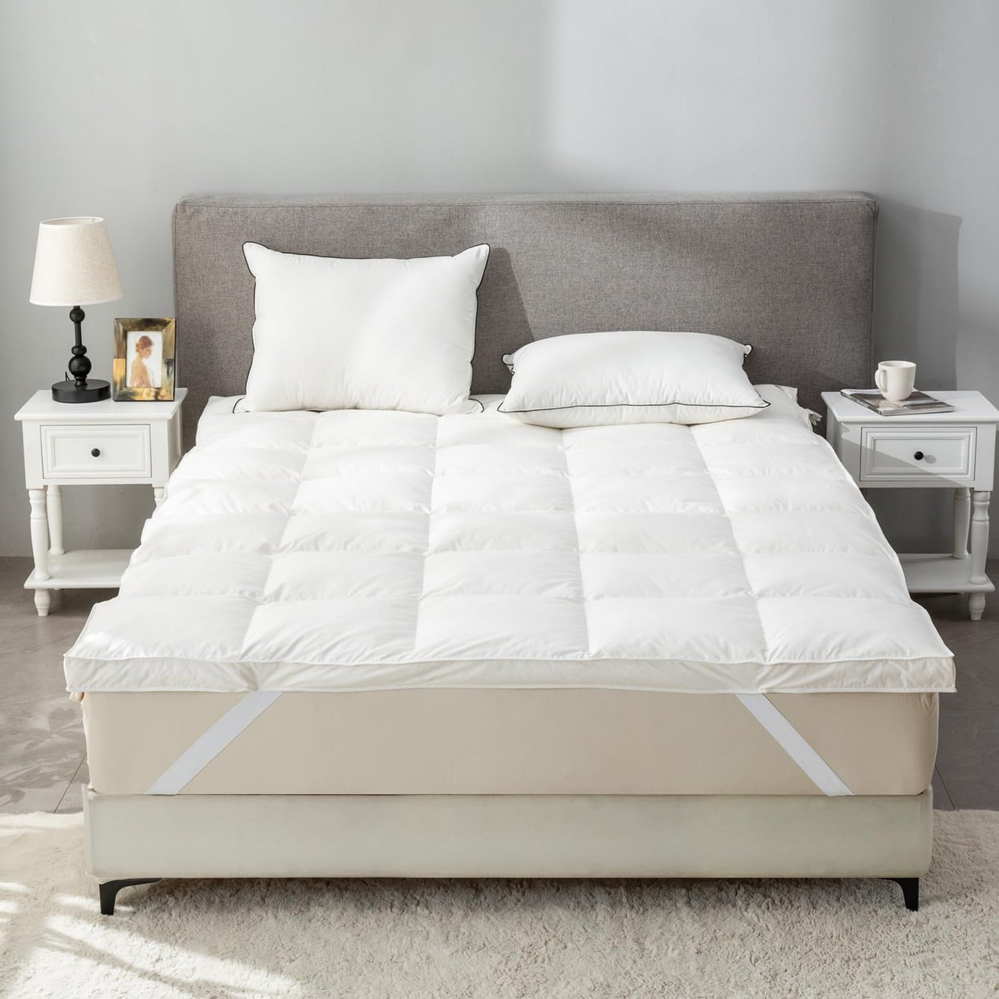 ROSE FEATHER Goose Down Feather Mattress Topper,Queen Down Mattress Protector Cover with Straps,Plush Soft Fluffy Baffled Pillowtop,Hypoallergenic Featherbed Cooling Pad All-Season Luxury(60x80 inch)