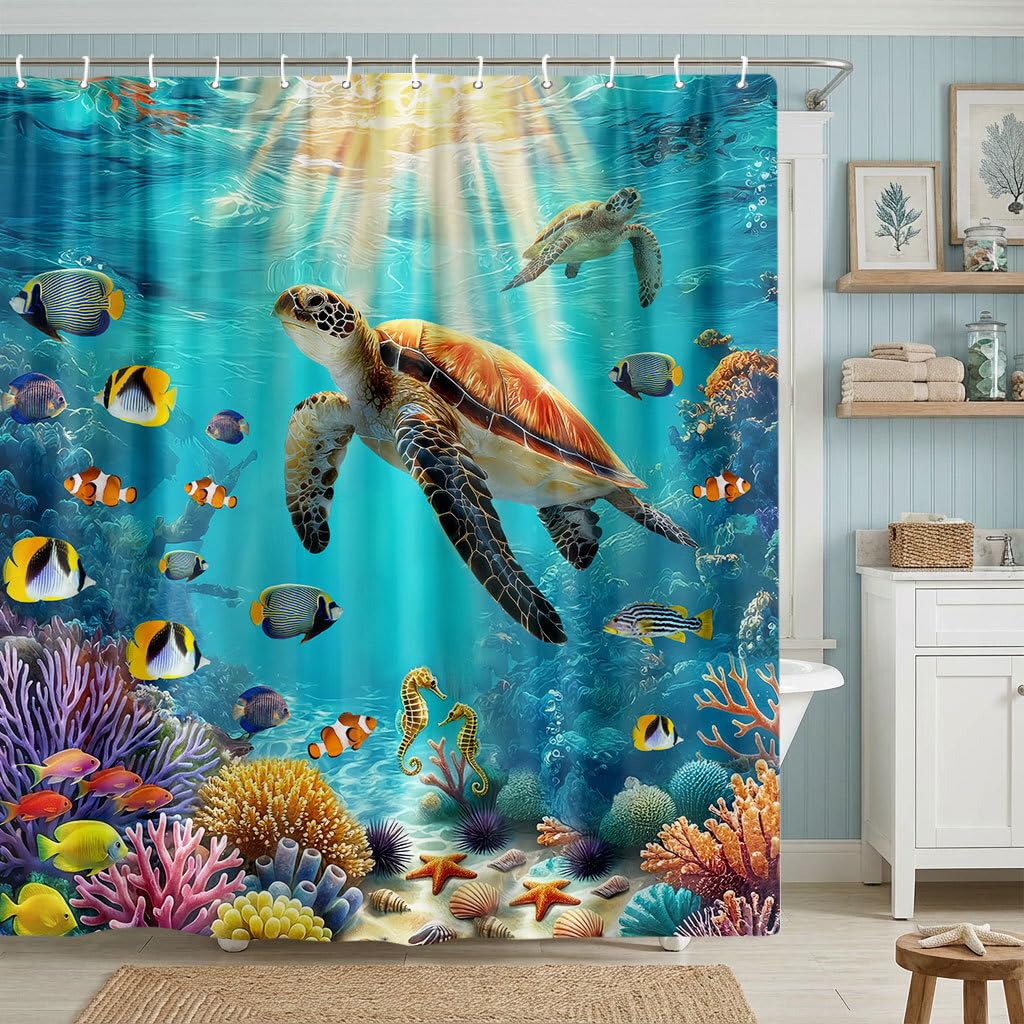 Sea Turtle Shower Curtain, Underwater World Shower Curtain for Kids Bathroom, Tropical Fish Coral Reef Ocean Theme Fabric Beach Shower Curtain Set with 12 Hooks, Coastal Decoration 72X72 with Hooks