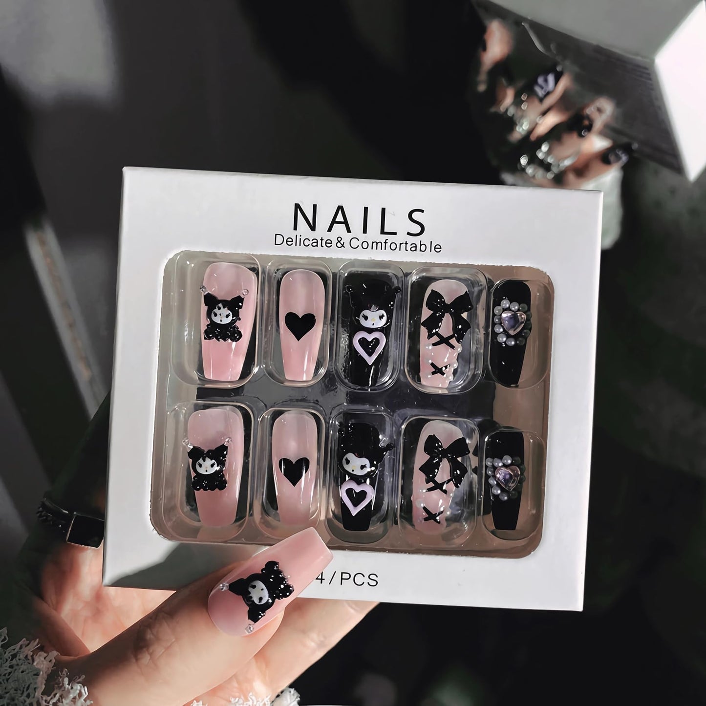 BABALAL Press on Nails Medium Coffin Fake Nails Black Gothic Glue ons Cute Heart Anime Charm Design Acrylic Nails 24Pcs Luxury Bling Ballerina Manicure DIY Goth False Nail for Women Girls
