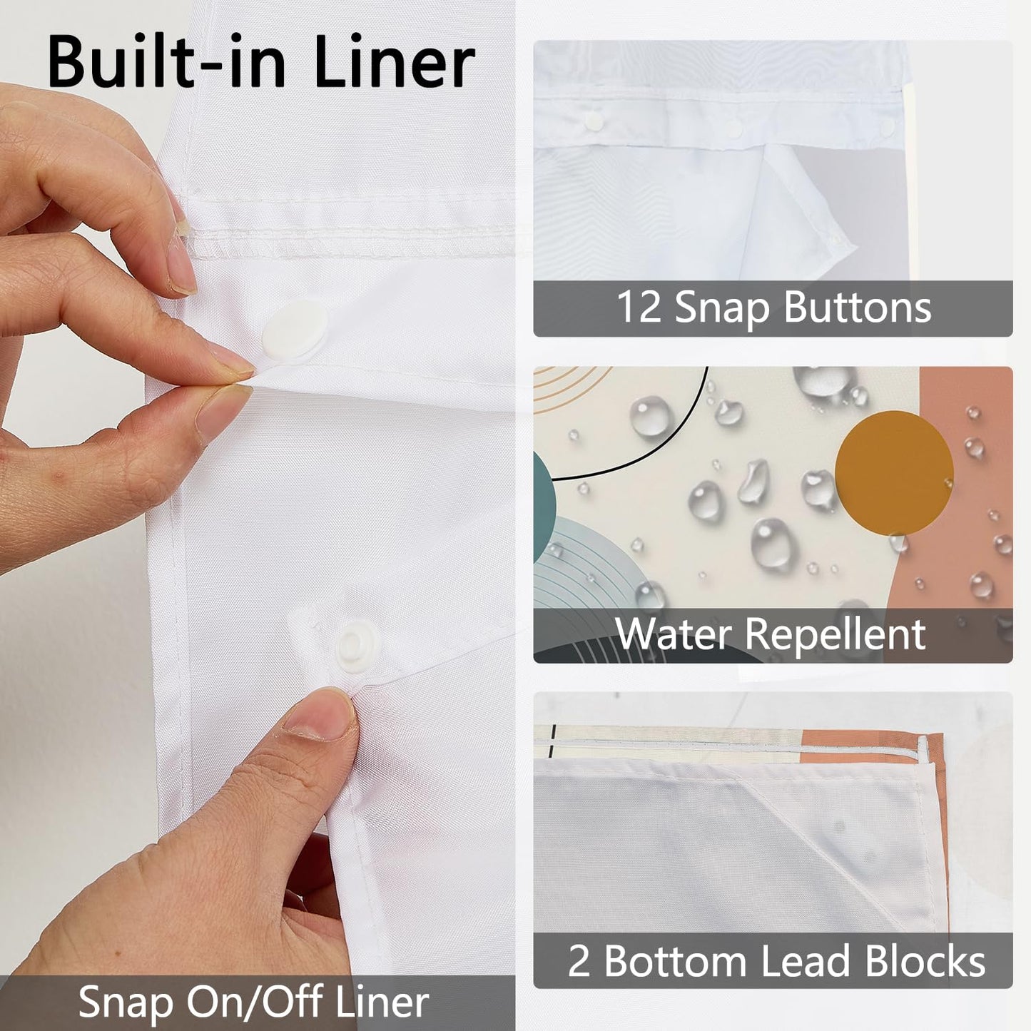 NAEMBCU No Hook Shower Curtain with Snap in Liner, 71x74 Inch