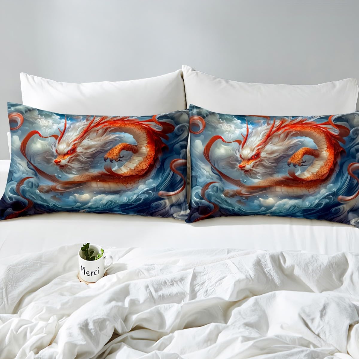 Feelyou Dragon Monster Bedding Sheets Full Red Mighty Dragon Bed Sheet Set for Adult Kids Classical Monster Fitted Sheet Wild Animal Bed Cover 3Pcs,1 Fitted Sheet+2 Pillow Sham（No Flat Sheet）