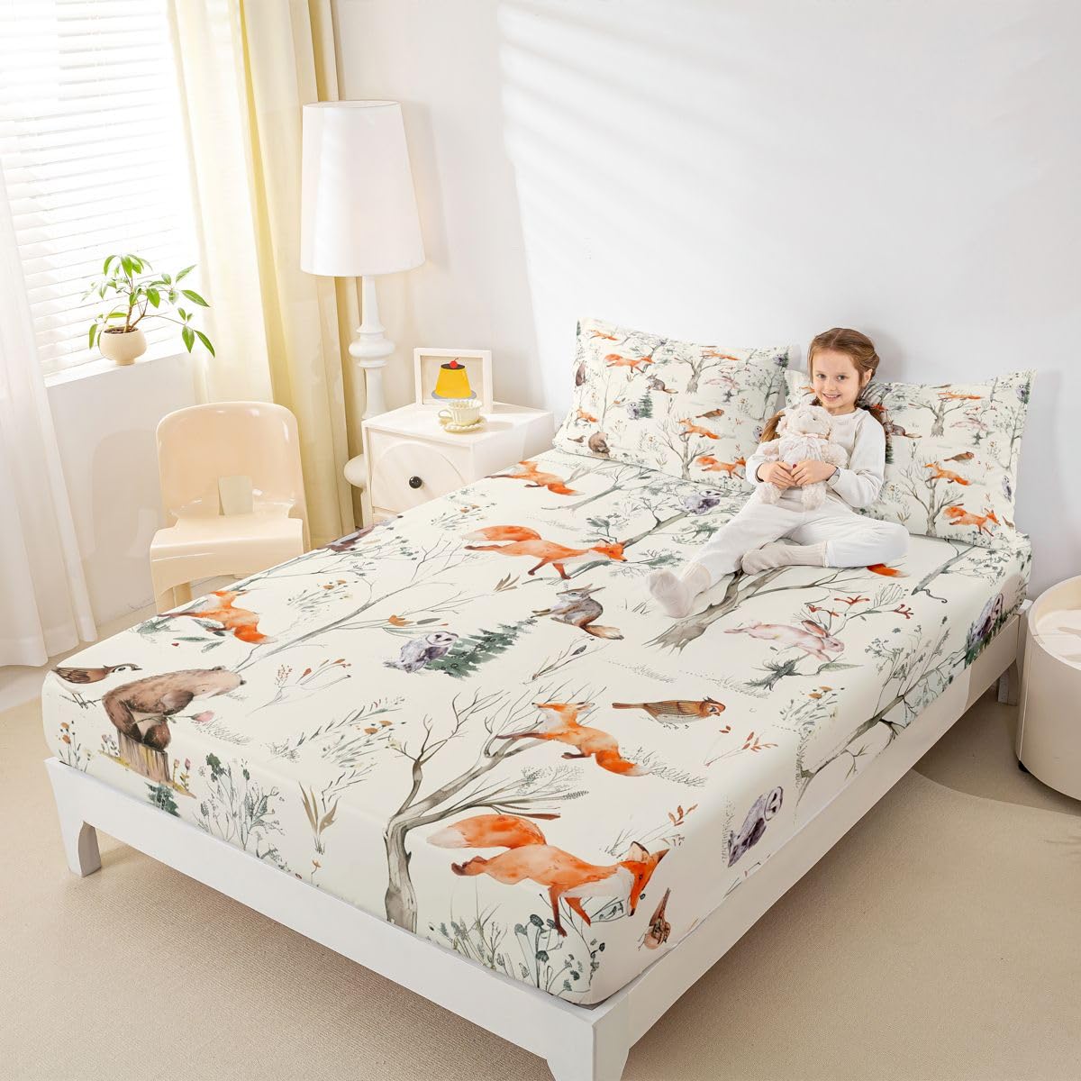 Kids Cute Animals Fitted Sheet Twin Size Cartoon Bear Fox and Rabbit Bedding Set 2Pcs for Girls Boys Adult Room Decor Foggy Tree Jungle Plants Bed Sheet Hunt Adventure Deep Pocket Sheet,Beige