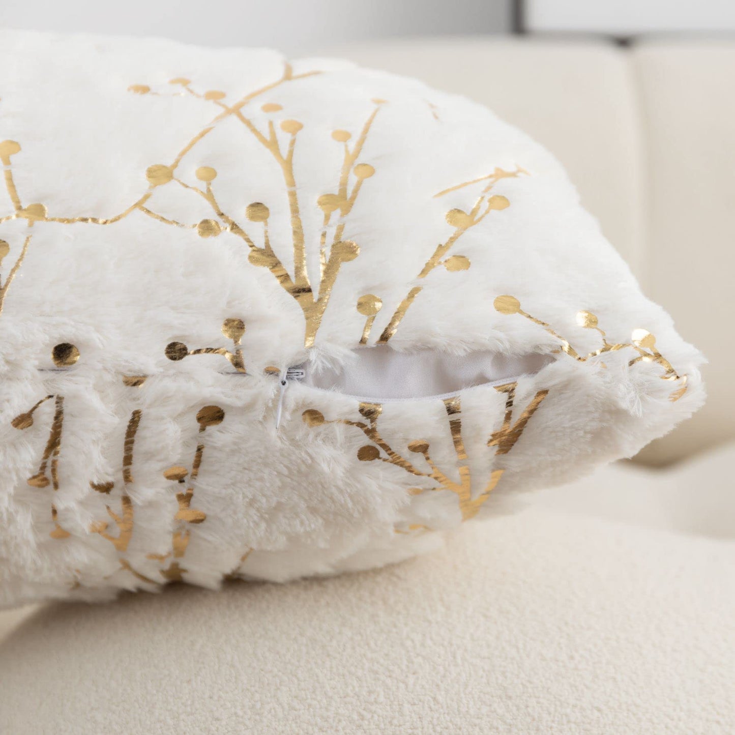 LIGICKY Set of 2 White Fluffy Pillow Covers Faux Fur with Gold Branches Glitter Throw Pillows Decorative Soft Furry Sparkling Square Cushion Cases for Sofa Bedroom Party Decor 12x12 inch (Two-Sided)