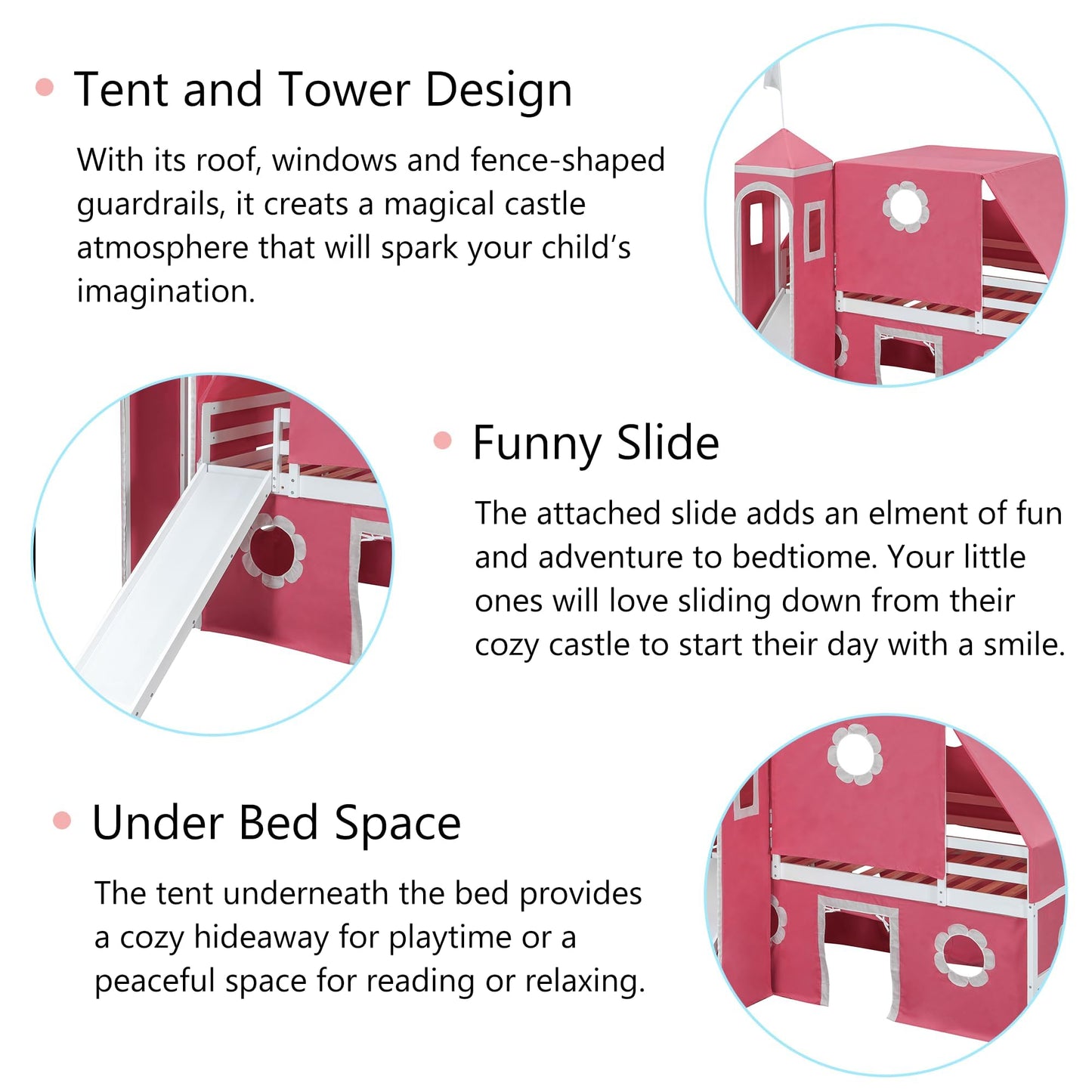 Polibi Castle Loft Bed with Slide & Tent and Tower, Playhouse Design Spacious Under Bed Space with Curtains, Wood Tent Bed Frame for Kids Boys Girls (Pink, Twin)