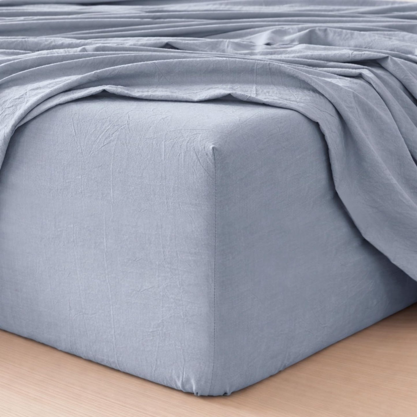 MooMee Fitted Bottom Sheet Only 100% Washed Cotton Linen Like Textured Breathable Durable Soft Comfy Deep Pocket Fits Mattress up to 17" (Cornflower Blue, Queen)