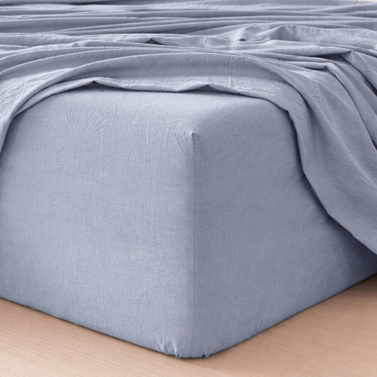 MooMee Fitted Bottom Sheet Only 100% Washed Cotton Linen Like Textured Breathable Durable Soft Comfy Deep Pocket Fits Mattress up to 17" (Cornflower Blue, Queen)