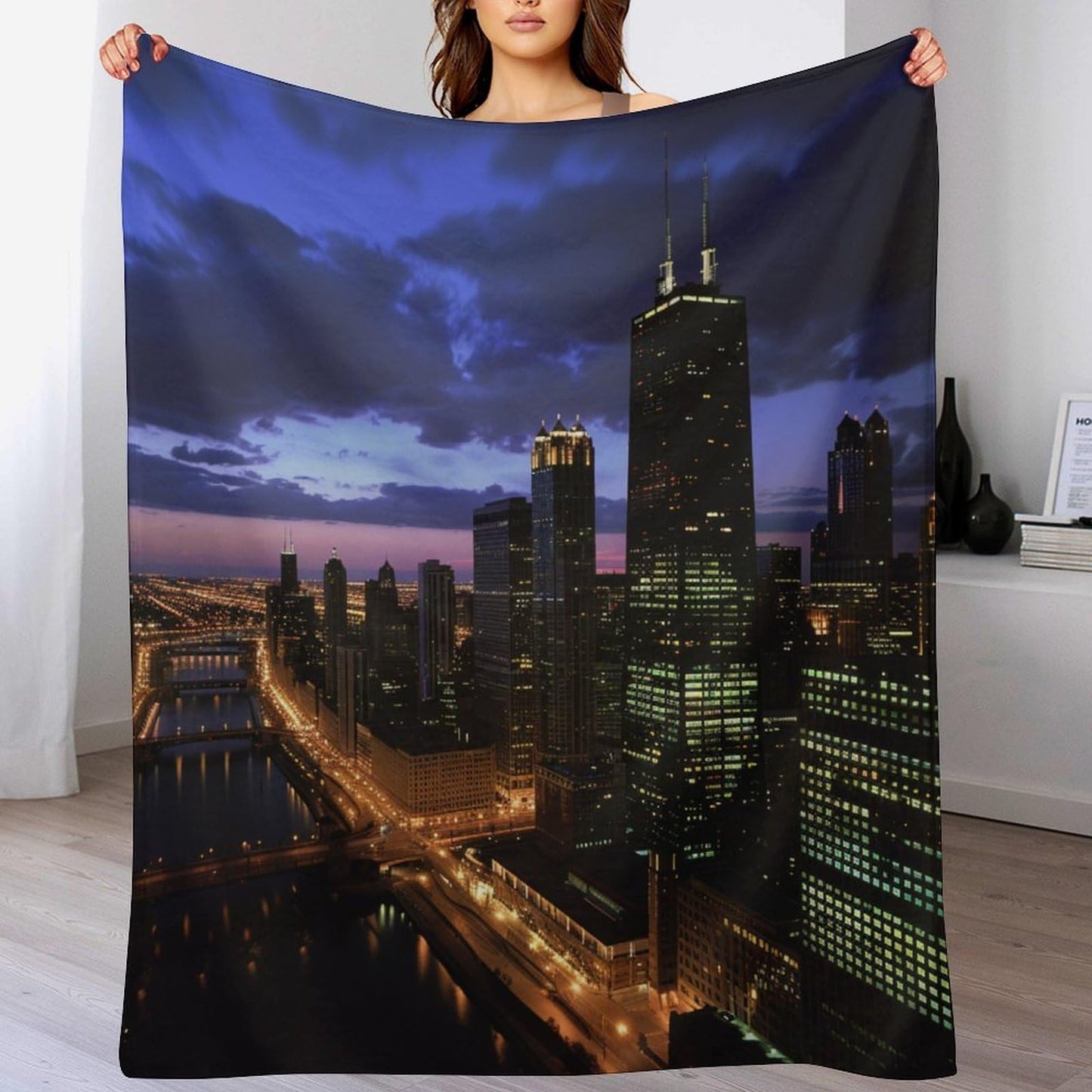 HDESDIS Night City Landscape Throw Blanket, Soft Cozy Chicago Skyline Skyscraper Blanket for Couch, Sofa, Bed, Warm Decorative Blanket for Women and Men, 50"x60"