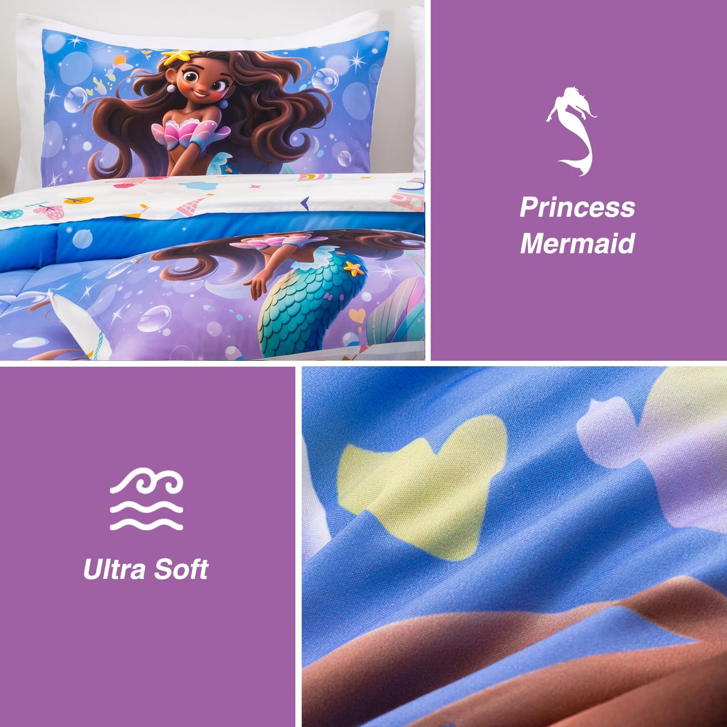 A Nice Night Mermaid Wearing Starfish Hair Accessory Queen Comforter Set for Girls, Ocean Theme Twin 6-Piece Bed in a Bag with Sheet Set & Pillowcases