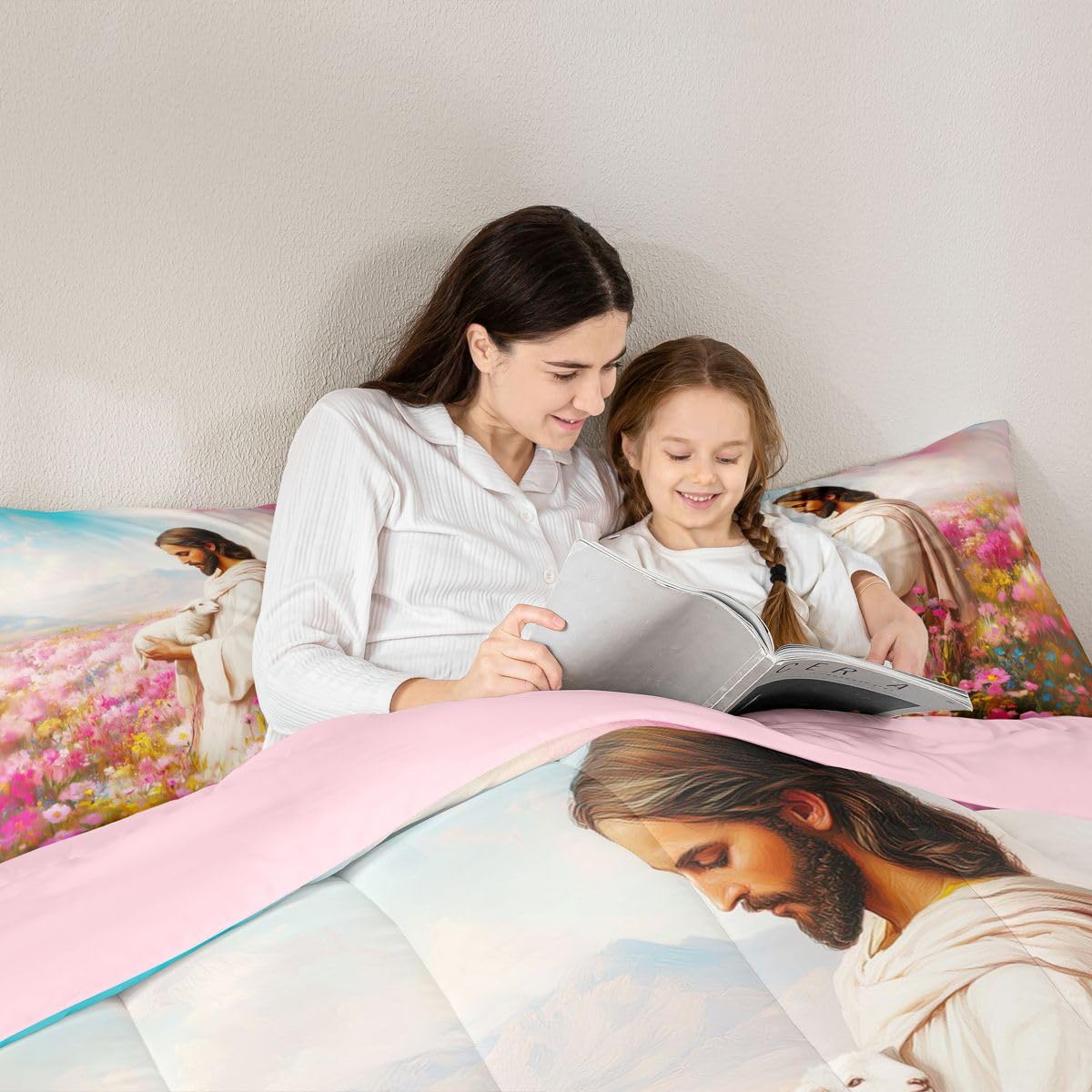 Manfei God and Lamb Kids Comforter Set Twin Size,The Lost Lamb Western Flowers Bedding Set Boys Girls Room Decor,Belief Spiritual Artwork Quilt Comforter,Pink Duvet Set Bedroom Quilt Set,1 Pillowcase