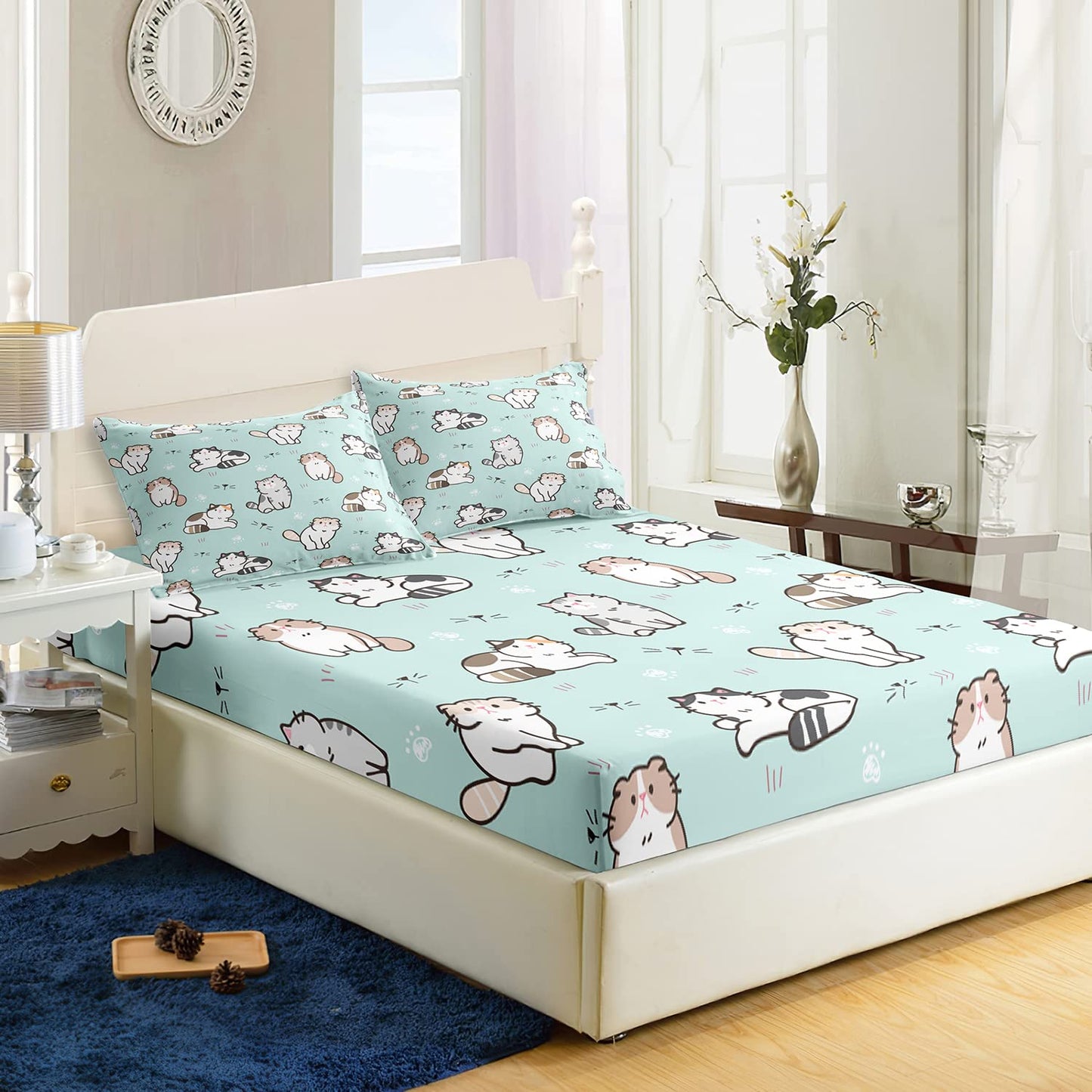 AILONEN Cat Fitted Sheet and Pillow Case Set, Queen Size, Cat Themed Bedding Decor for Girls, Kids and Teens (1 Fitted Sheet and 2 Pillow Case, 3 Piece)
