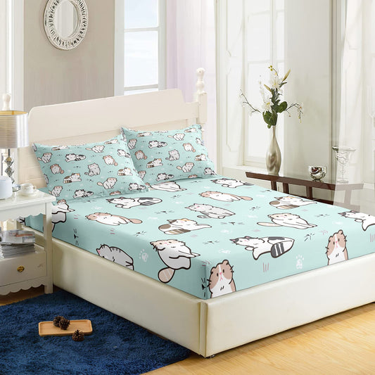 AILONEN Cat Fitted Sheet and Pillow Case Set, Queen Size, Cat Themed Bedding Decor for Girls, Kids and Teens (1 Fitted Sheet and 2 Pillow Case, 3 Piece)