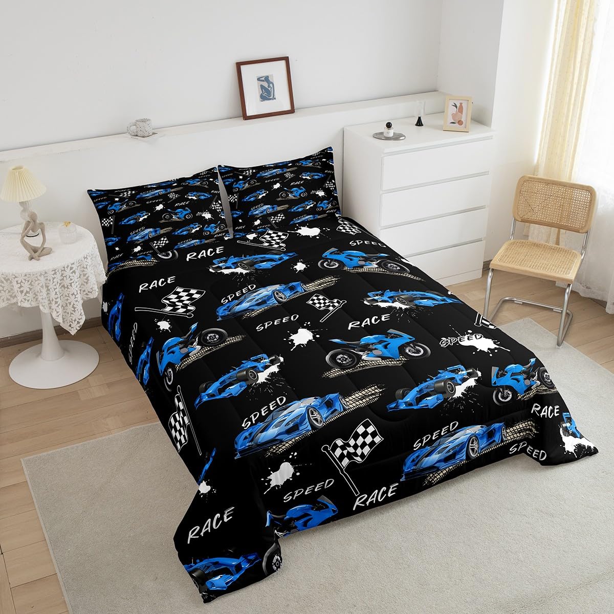 Feelyou Kids Blue Black Race Car Comforter Set Twin Size, Speed Sports Car Bedding Set Boys Girls Dirt Bike Motocross Comforter Racing Car Teens Duvet Set Bedroom Decor 2Pcs