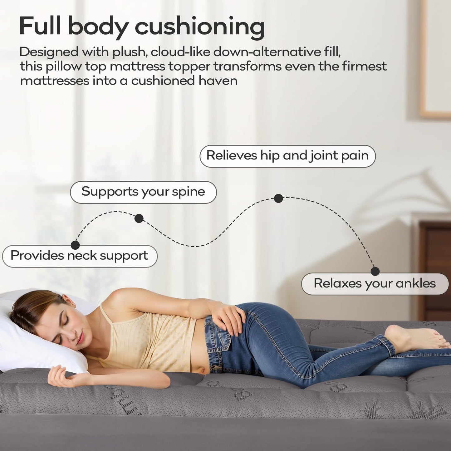 OLANLY Queen Mattress Topper, Bamboo Viscose Cooling Pillow Top Mattress Pad, Soft Plush Down Alternative for Firm Mattress, Back & Hip Pressure Relief, Machine Washable, Deep Pocket, Light Gray