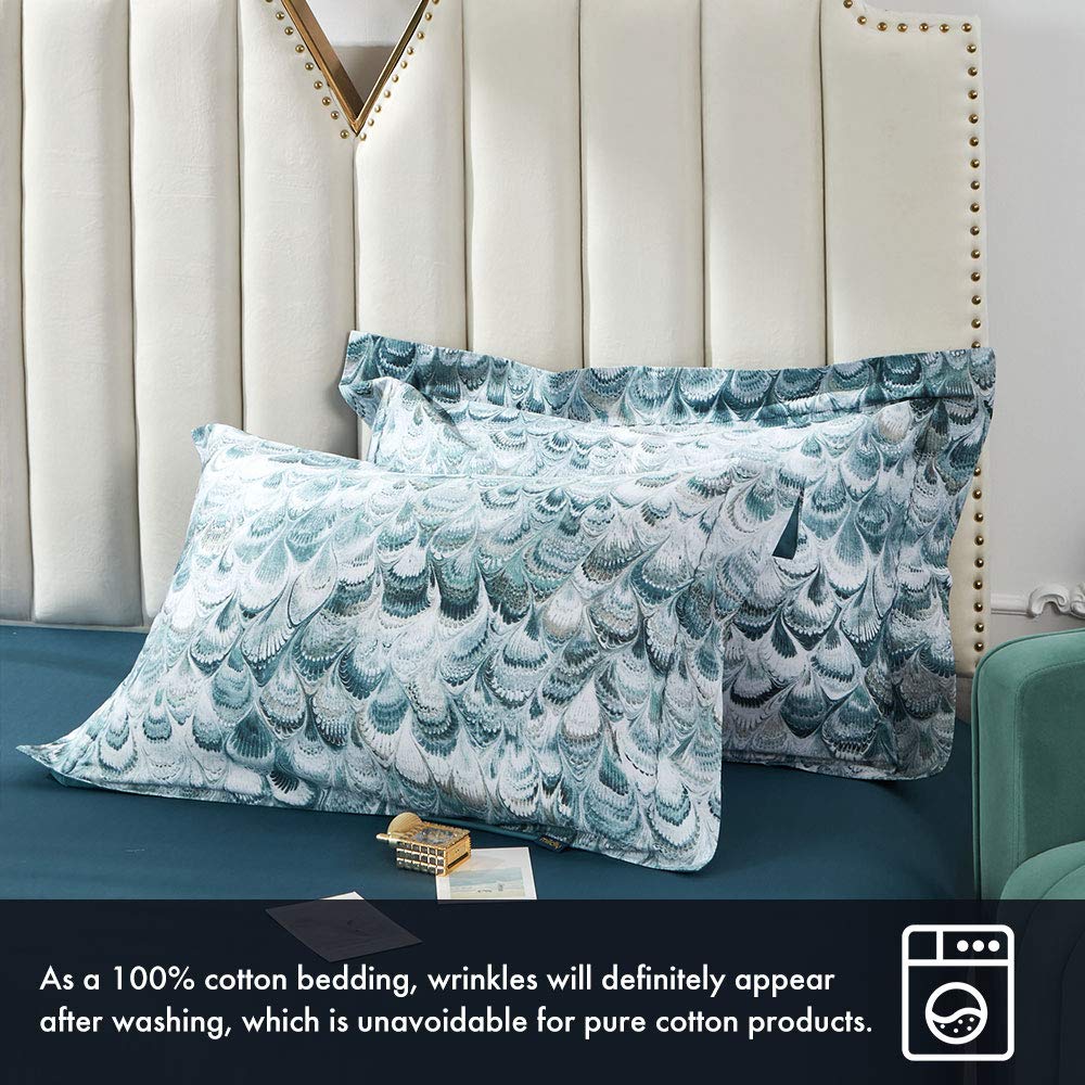 MILDLY 100% Long Staple Cotton Duvet Cover Set Queen Size, Aqua Blue Peacock Tail Plume Pattern Printed Comforter Cover Set