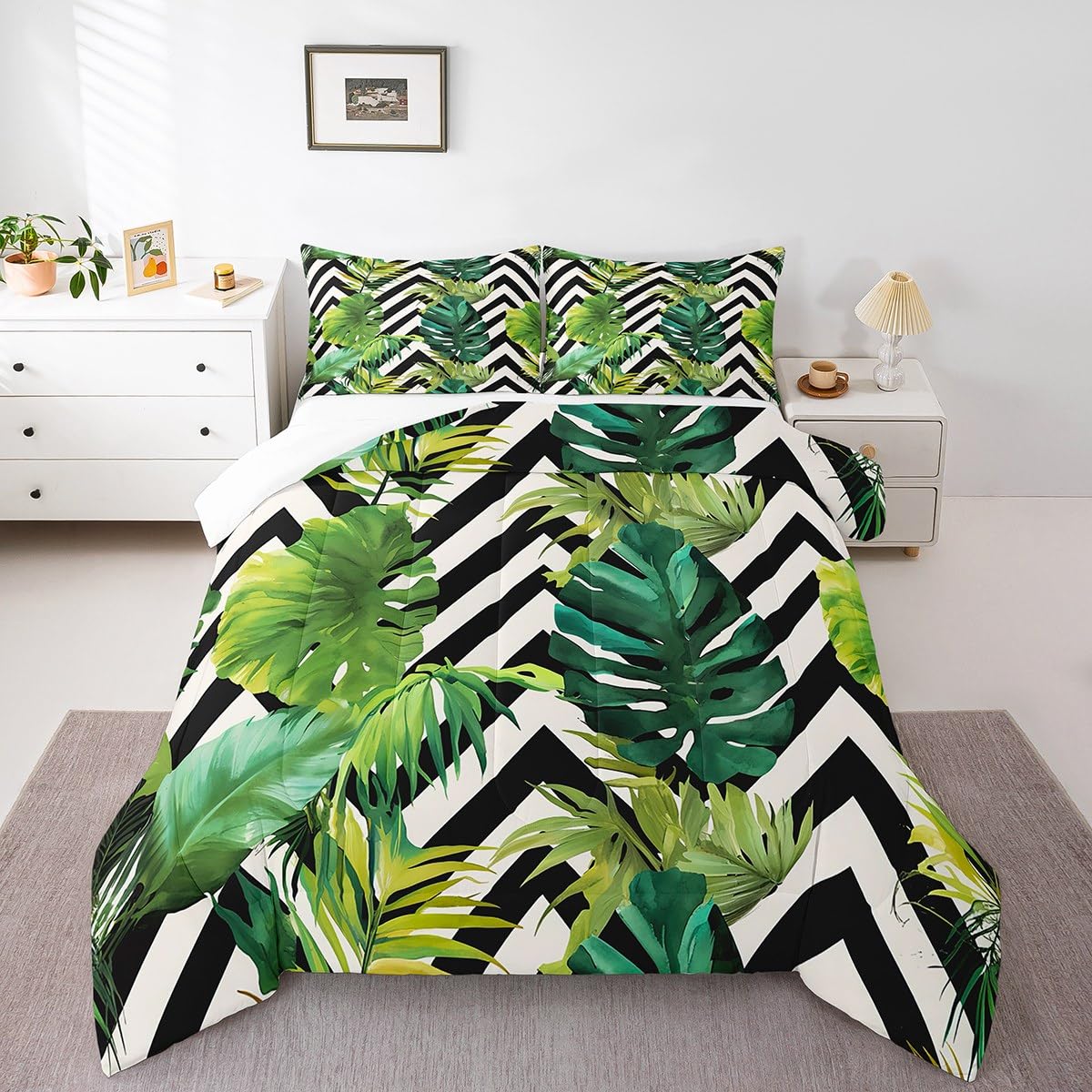 jejeloiu Tropical Leaves Bedding Set Full Size Kids Black White Striped Comforter for Boys Girls Leaf Pattern Comforter Set Botanical Duvet Set Room Decorations Quilt Set
