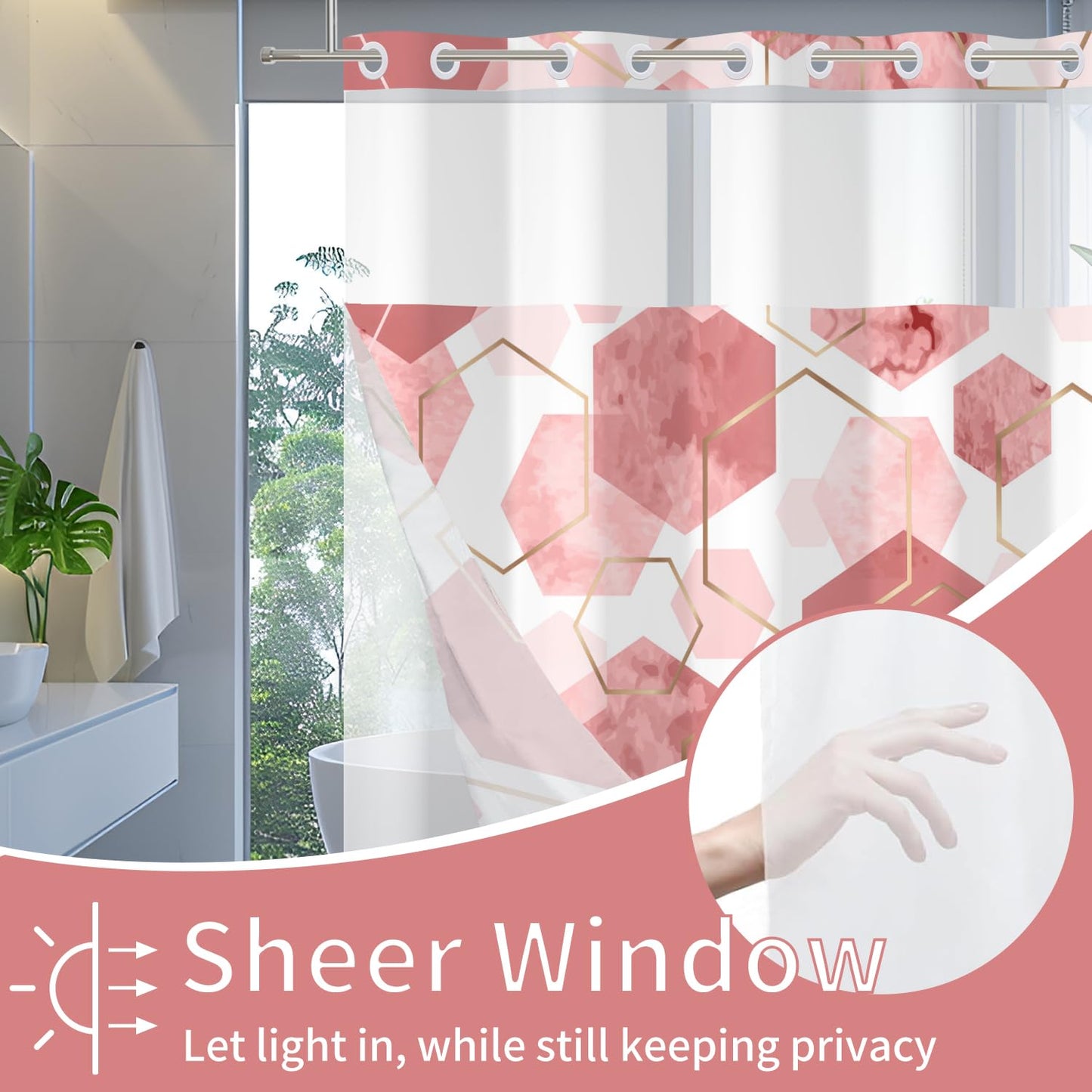 deFouliao Pink Shower Curtain with Snap in Liner No Hook Geometric Grid Modern Bathroom Curtain with See Through Mesh Top Window, Fabric Waterproof Inner Liner, 71x74 Inches