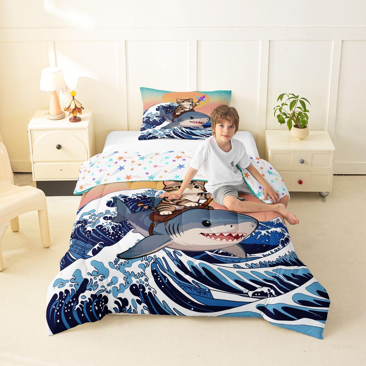 Erosebridal Kawaii Cute Cat Comforter Set Under Sea Shark Japanese Girl Toddler Bedding Set for Kids Teens Child Blue Ocean Waves Ukiyoe Comforter Gradient Sunset Sky Quilt