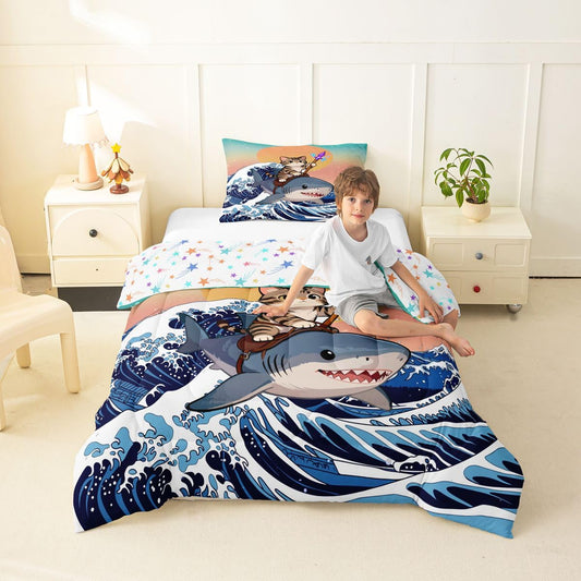 Erosebridal Kawaii Cute Cat Comforter Set Under Sea Shark Japanese Girl Toddler Bedding Set for Kids Teens Child Blue Ocean Waves Ukiyoe Comforter Gradient Sunset Sky Quilt