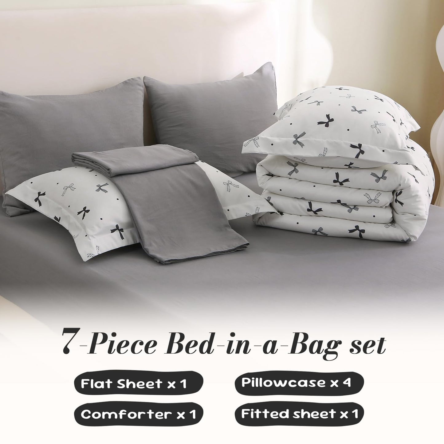 Jameswish 7 Pieces Black Bow Comforter Set for Girls Kids Soft Fluffy Bedding Set Full Size Bed in A Bag as Gifts (1 Comforter, 1 Flat Sheet, 1 Fitted Sheet, 2 Pillowcase and 2 Pillow Sham)