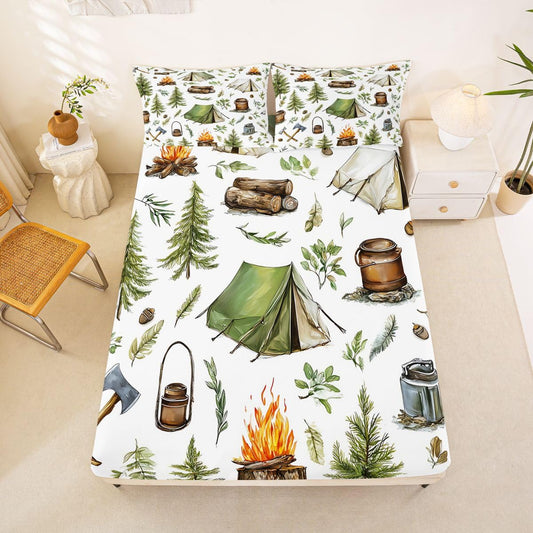 Campsite Tent Bonfire Fitted Sheet Full Size (No Flat),Watercolor Camping Bedding Set 3Pcs,Kids Teens Room Decor,Green Pine Tree Jungle Bed Sheets Rustic Farmhouse Deep Pocket Sheet,2 Pillowcases