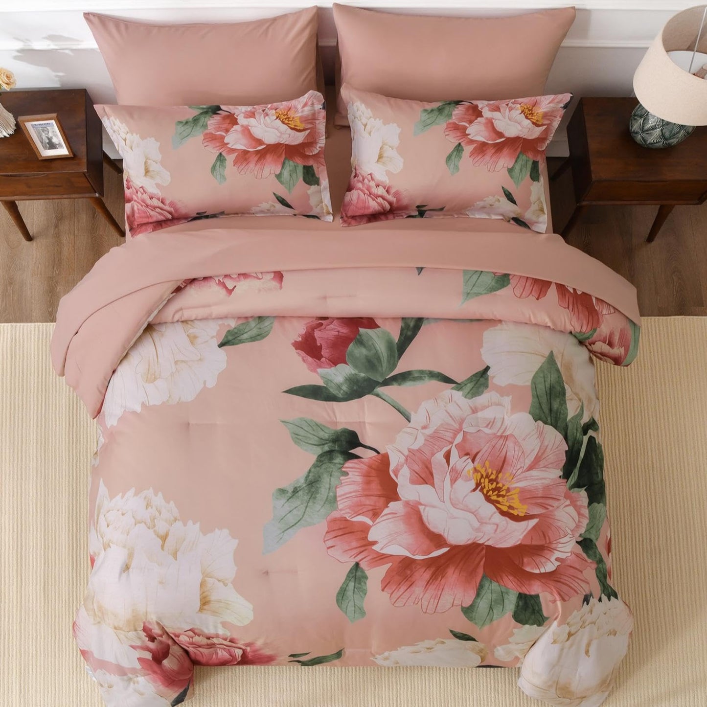 Dobuyly Coral Comforter Set Queen 7 Piece Bed in a Bag for Girls Women, Coral Pink Floral Bedding Set, Soft Microfiber Bed Set with Comforter, Sheets, Pillowcases & Shams