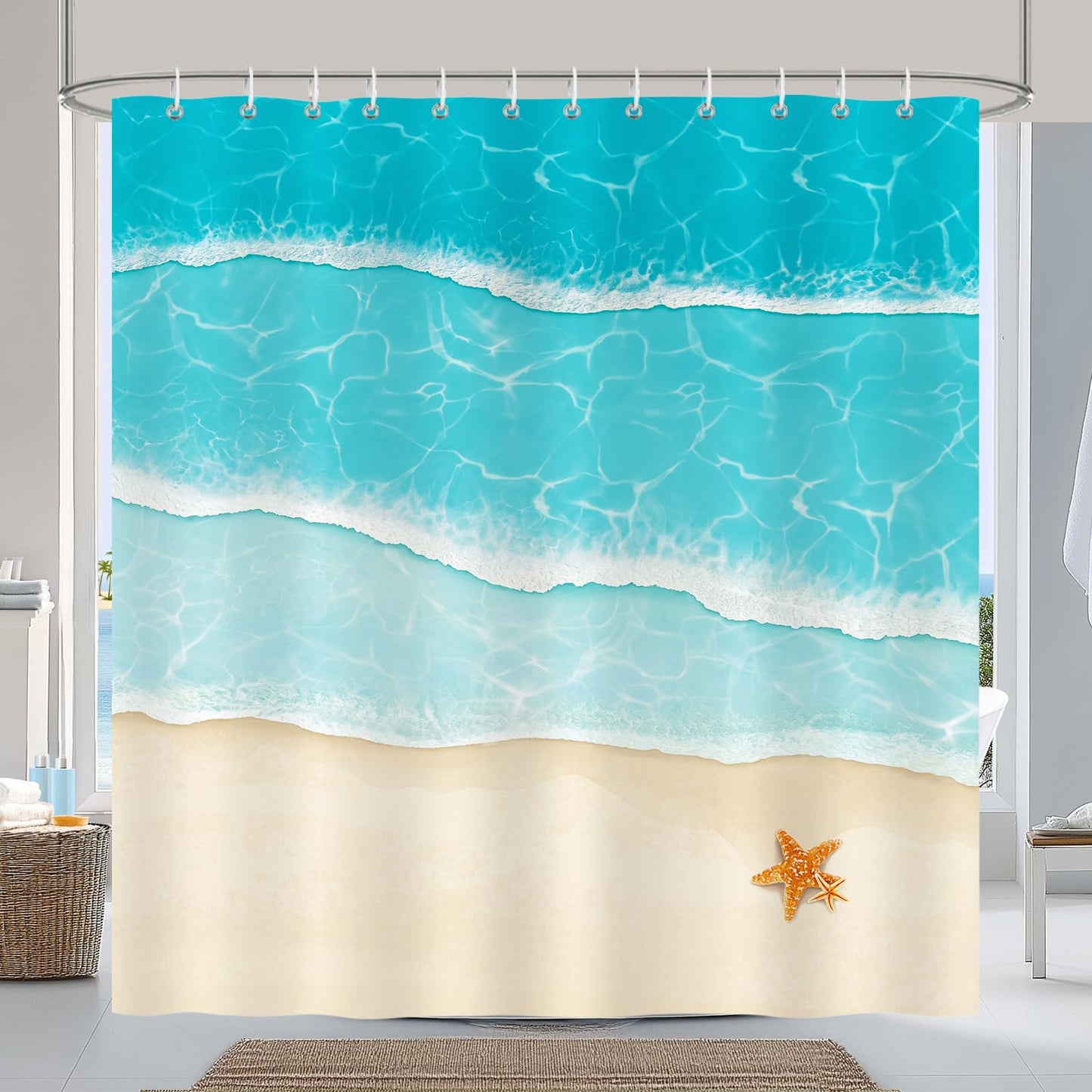 COZZSNUGE Beach Ocean Shower Curtain, Blue Summer Coastal Waves Starfish Shower Curtain for Bathroom Waterproof Polyester Fabirc with 12 Hooks, 72 x 72 Inches