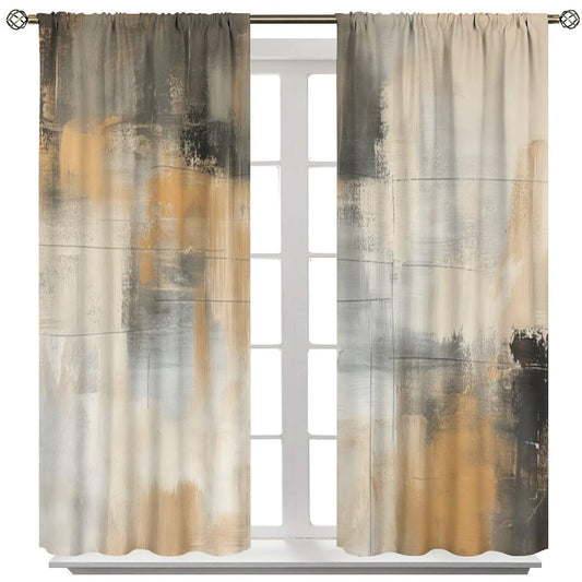 Abstract Beige Gray Taupe Curtains, Rod Pocket Black Tan Neutral Art Painting Modern Window Drapes for Living Room Bedroom, 20.5" W x 44.5" L, 2 Panels （No Blackout）