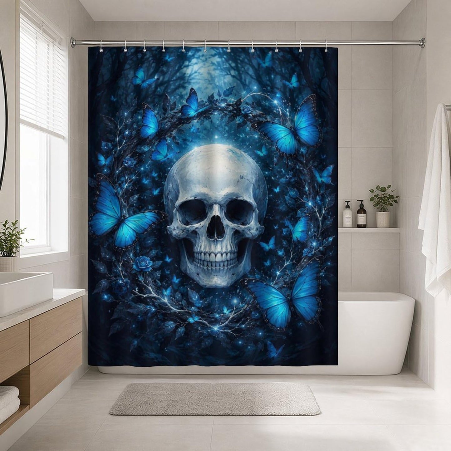 bladesgsd Blue Mystical Skull Forest Shower Curtain with 12 Hooks 60x72Inch, Polyester Bathroom Curtain, Privacy Shower Curtain for Bathtub, Shower Stall, Apartment, Guest Bathroom