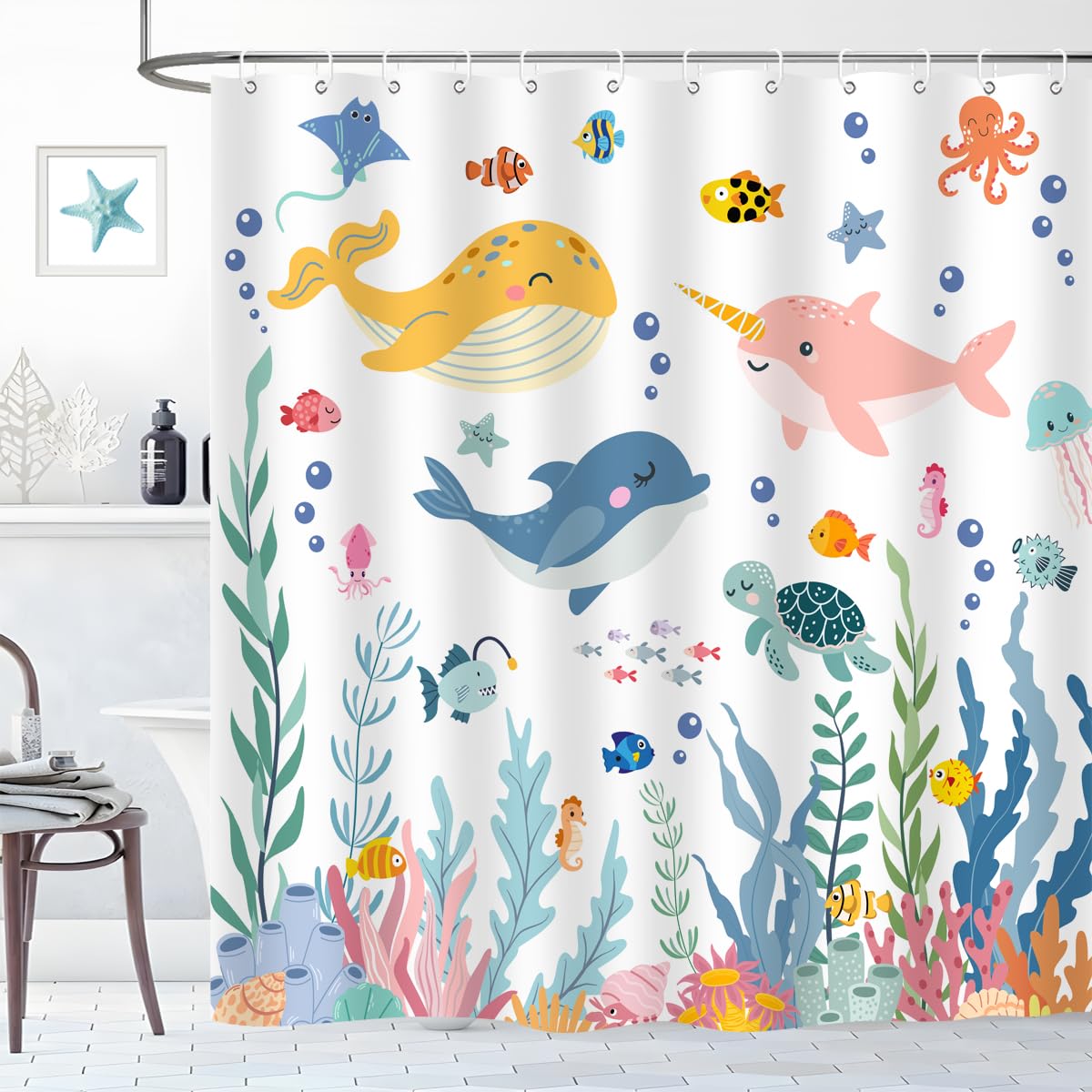 BIYSUC Kids Ocean Shower Curtain Cartoon Sea Turtle Whale Dolphin Fish Corals Underwater World for Boys Girls Bathroom Decor Waterproof Polyester Fabric 72Lx72W Inch with 12PCS Plastic Hooks