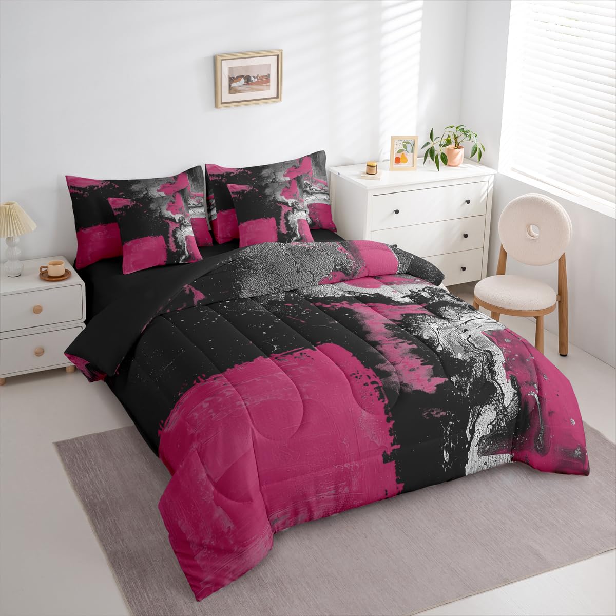 Feelyou Abstract Comforter Set King Size 7 Pieces Modern Abstract Art Bedding Set Luxury Bed in a Bag with Comforter, Sheets, Pillowcases, Cushion Covers Geometric Bedroom Decor Dark Rose Black