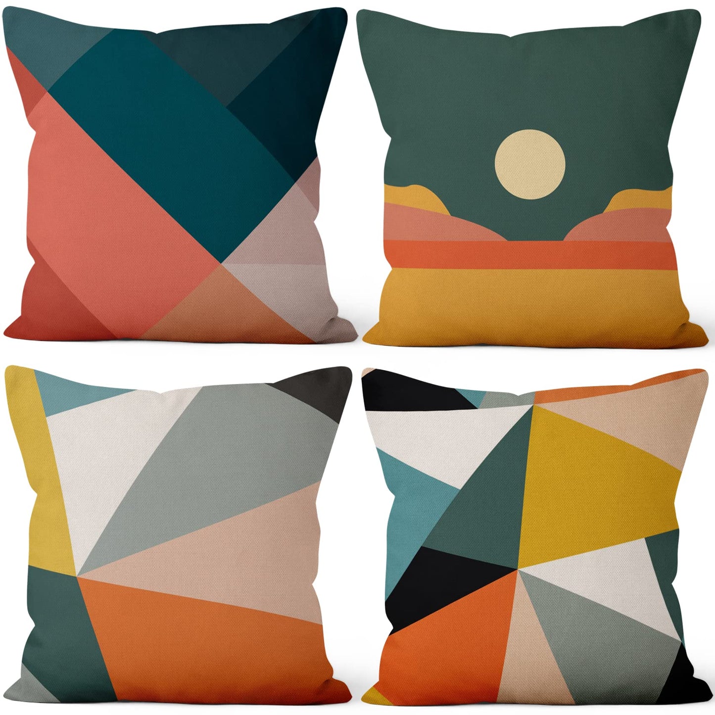 Vie Savaran Geometric Throw Pillow Covers Colorful Geometry Strip Patchwork Sun Abstract Mid Century Modern 18x18 Set of 4 Linen Cushion Covers for Outdoor Couch Sofa Bedroom Patio Livingroom Garden