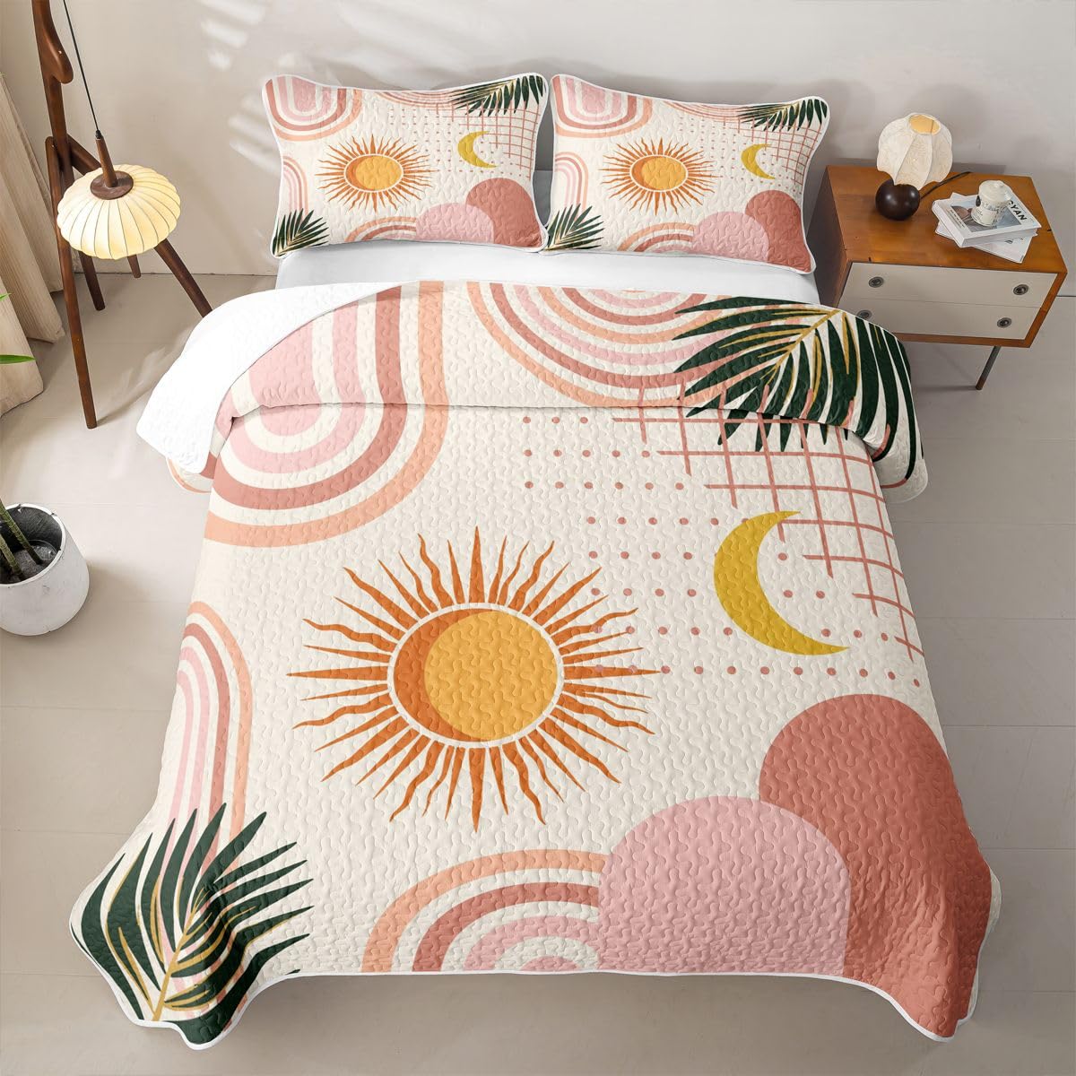 Erosebridal Sun Moon Quilted Bedspreadd Set Twin Boho Mid Century Coverlet Set Bohemian Abstract Geometric Bed Set Blush Pink Bedding Set