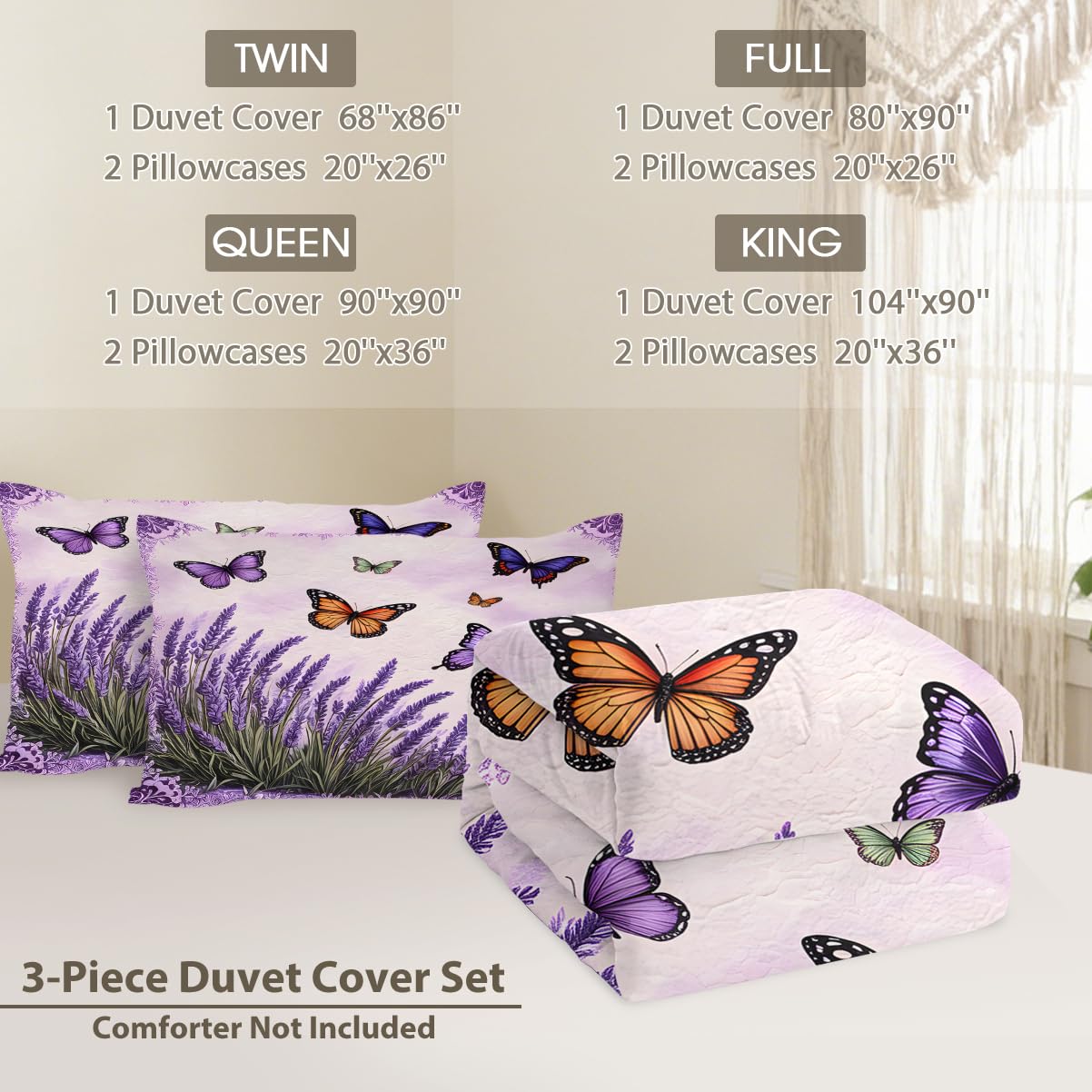 MILANKET Lavender Butterfly Duvet Cover Set Purple Floral Bedding with Zipper Closure and Corner Ties Soft Microfiber Nature Inspired Comforter Cover for Women Girls Bedroom Decor Twin