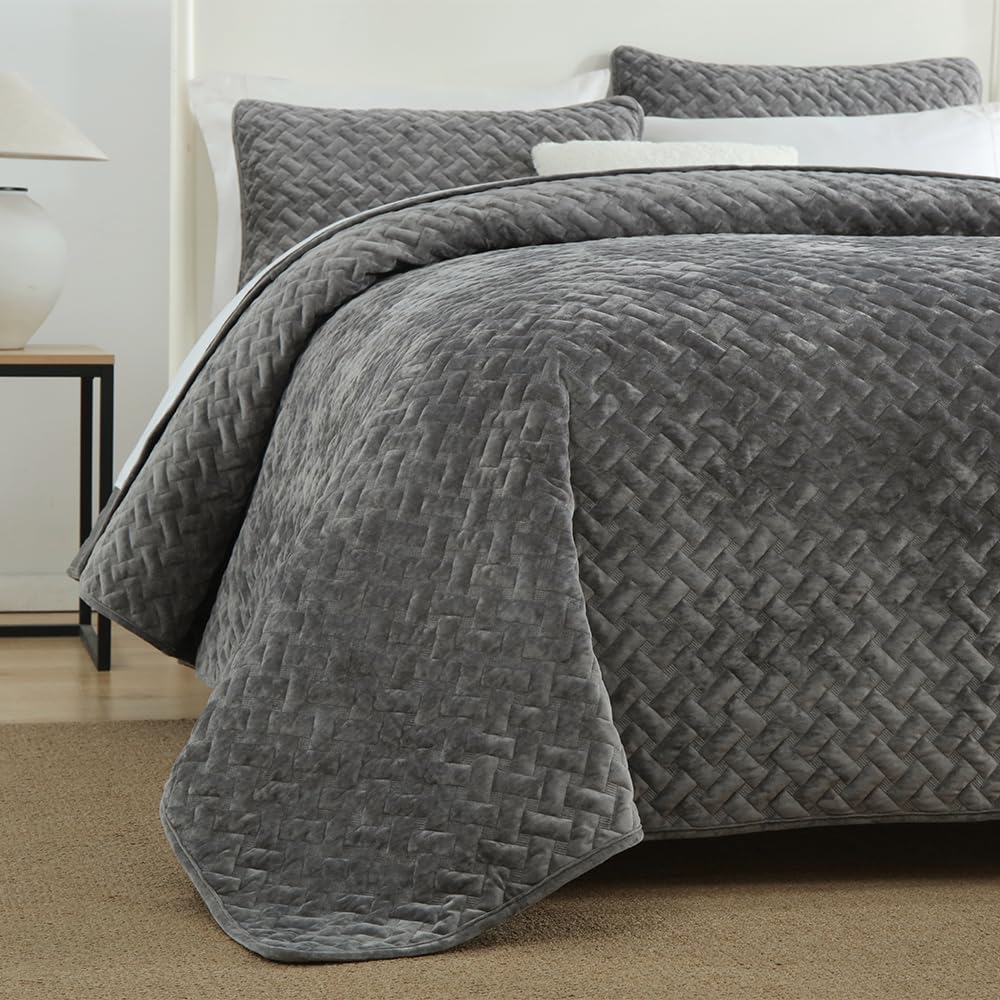 Liians Velvet Bedspread Quilt Bedding Sets,Luxury Elegant Ultra Soft Velvet Comforters Coverlet Blankets,Weave Stitching Pattern Cotton Quilted Bedspread for All Seasons,Grey,King Size