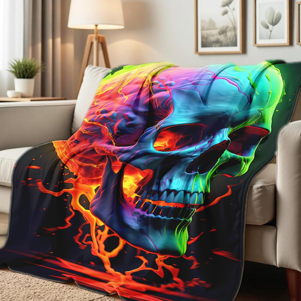 HUNXIAOJ Skull Blanket Throw Skeleton Flannel Blanket Gothic Print Throw Gifts for Kids Girls Boys Adults Women Men Halloween Decor Queen Size Bed Couch (49"x59")
