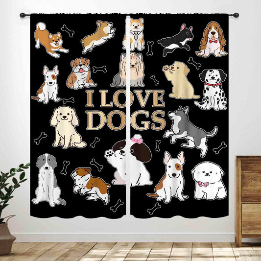Dog Curtains,Cute Funny Watercolor Animals Dog Paw Print Cartoon Black Window Treatments for Kids Nursery Baby Bedroom Living Room 2 Panels,42X45 Inch