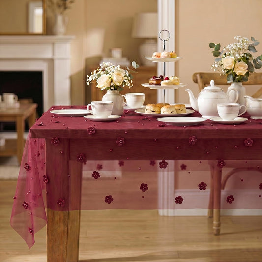 Horaldaily Burgundy Flower Pearl Burgundy Gauze Table Cloth 60×84 Inch Rectangular, Seasonal Sheer Tulle Cheesecloth, Bridal Shower Table Cover for Wedding Birthday Table Decor