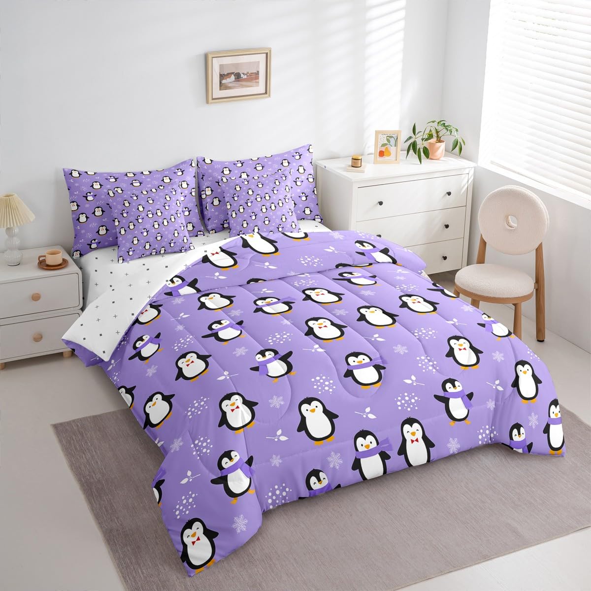 Erosebridal Penguin 7 Piece Bedding Set King Kawaii Kids Comforter Set with Sheets Antarctic Animal Bed in A Bag Cartoon Cute Winter Snowflake Bed Sets