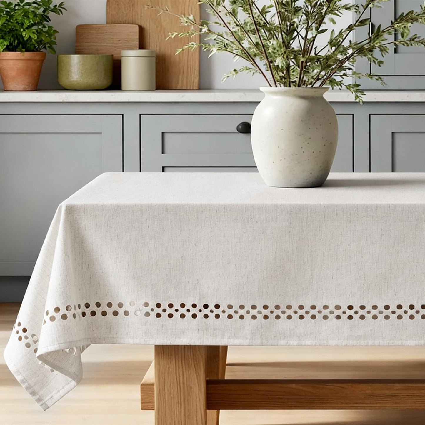 QDTTSRY Natural Tablecloth, Rectangle Tablecloth with Decorative Cutouts, Stain Resistant & Wrinkle Free Table Cover for for Dining Table (Natural Cotton Linen, 55" x 55" (Square))