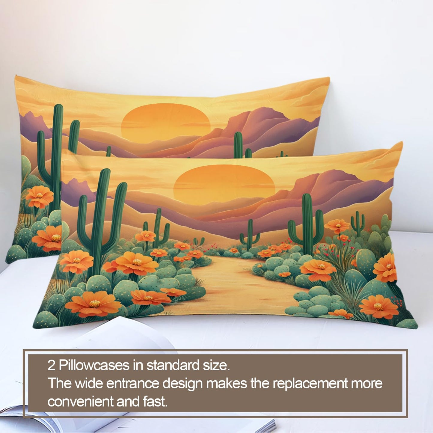 GKPLY Desert Cactus Bedding Sets Queen, Southwest Floral Duvet Cover, Boho Landscape Comforter Set, Zipper & Ties, 2 Pillowcases, Reversible Print, Western Sun Quilts & Home Decor, Easy Care
