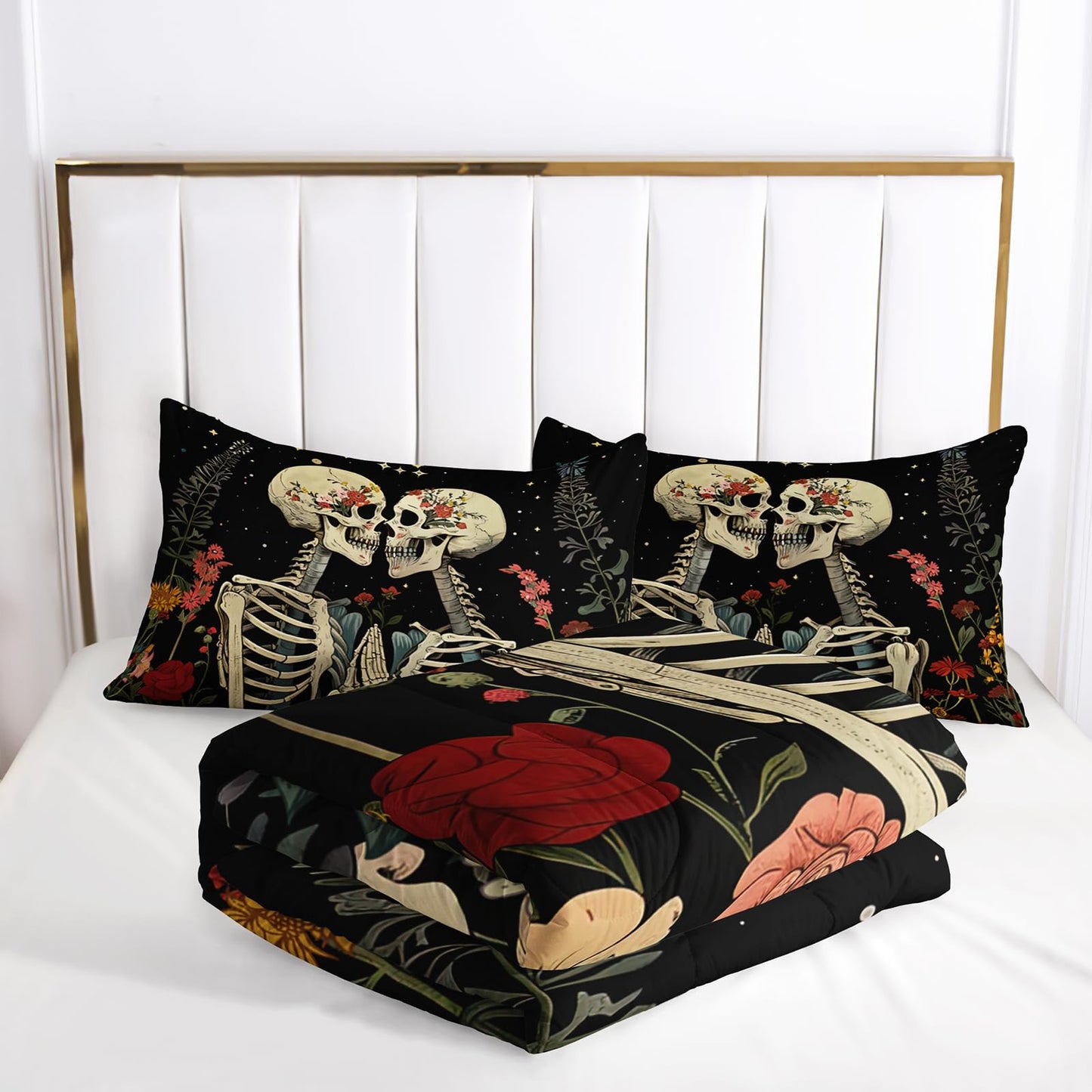 lneffble Black Gothic Skull Flower Twin Comforter Set，Quilt Twin Size Bedding Set Gothic，with 1 Comforter with 2 Pillow Case，Skull Room Decor for Bedroom