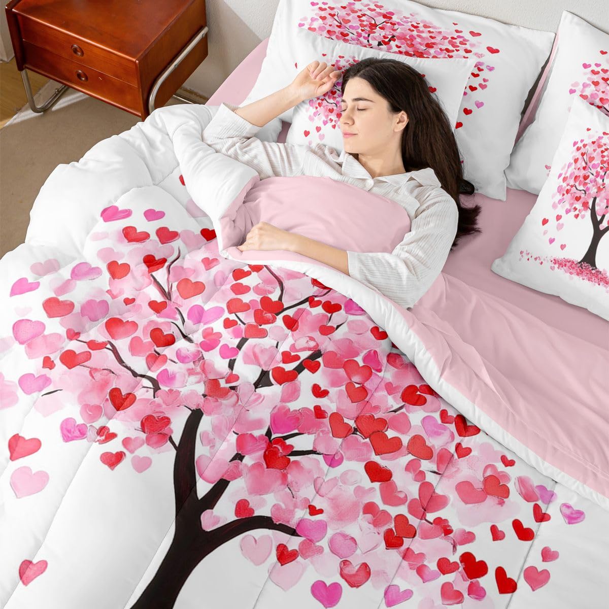 Erosebridal Pink Love Comforter Sets with Sheets - Valentine Tree with Hearts Bedding Set Full for Boys Girls Romantic Couple 7Pcs Bed in A Bag Housewarming Gifts Bed Set