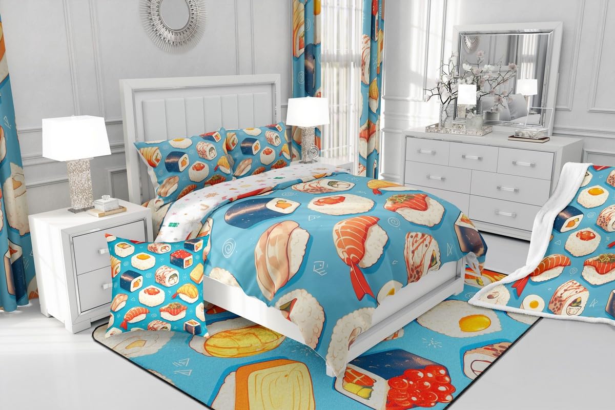 Erosebridal Kids Sushi Comforter Set Queen Size,Japanese Sushi Bedding Set Funny Gifts for Teens Adults,Anime Style Quilt Bed Set Food Themed Bed Comforter Sets with 2 Pillowcases Bedroom Decor