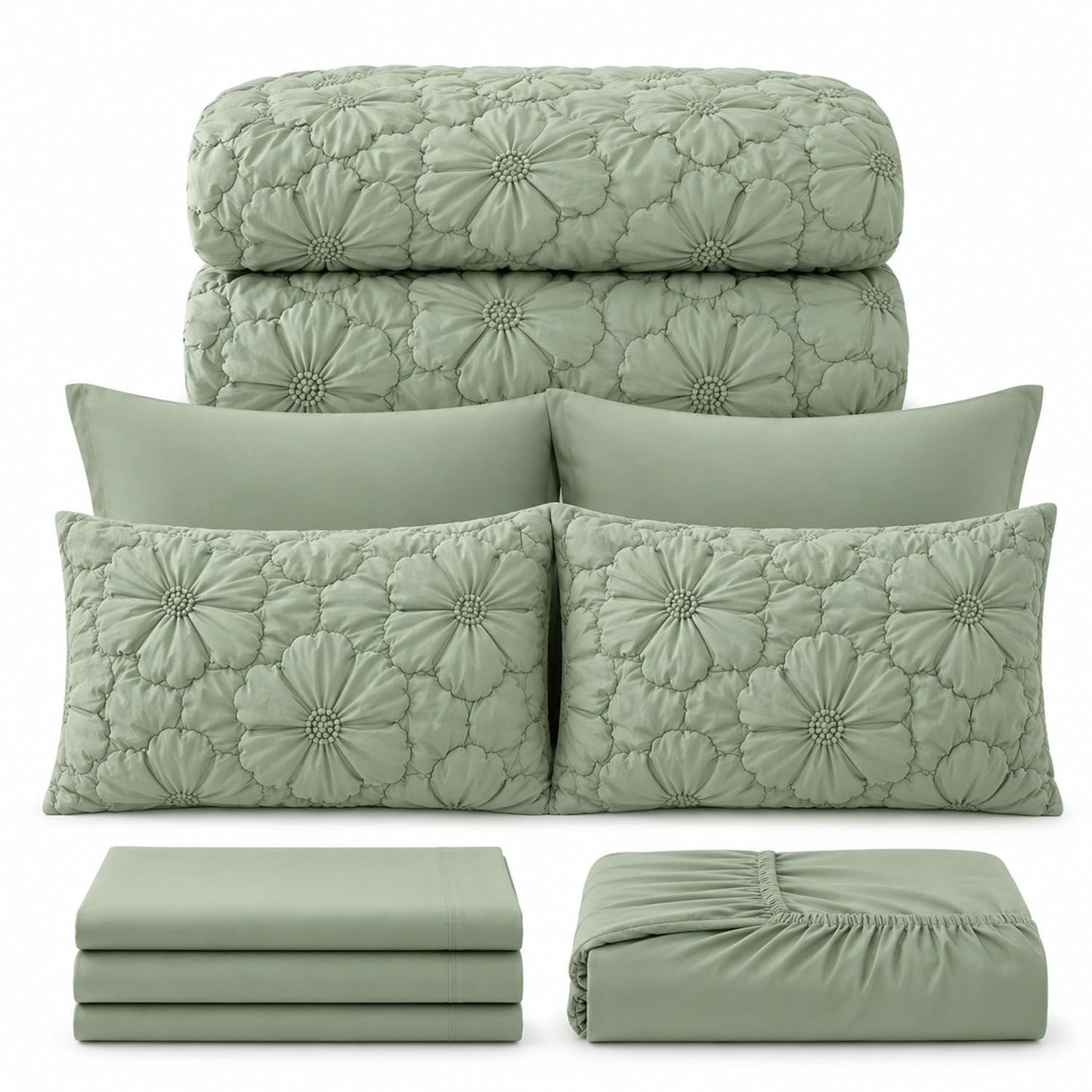 7 Piece Comforter Set, Pintuck Floral Bedding Set with Sheets & Pillowcases, Soft Fluffy All Season Comforter Set, Lightweight Breathable Bed Set for Bedroom Guest Room Dorm (Green, King, Flowers)