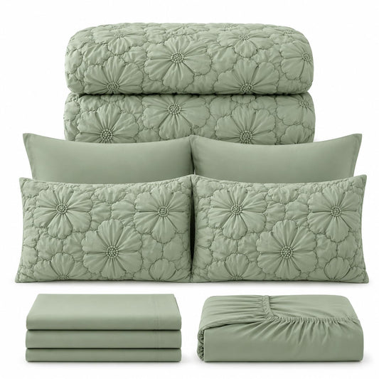 7 Piece Comforter Set, Pintuck Floral Bedding Set with Sheets & Pillowcases, Soft Fluffy All Season Comforter Set, Lightweight Breathable Bed Set for Bedroom Guest Room Dorm (Green, King, Flowers)