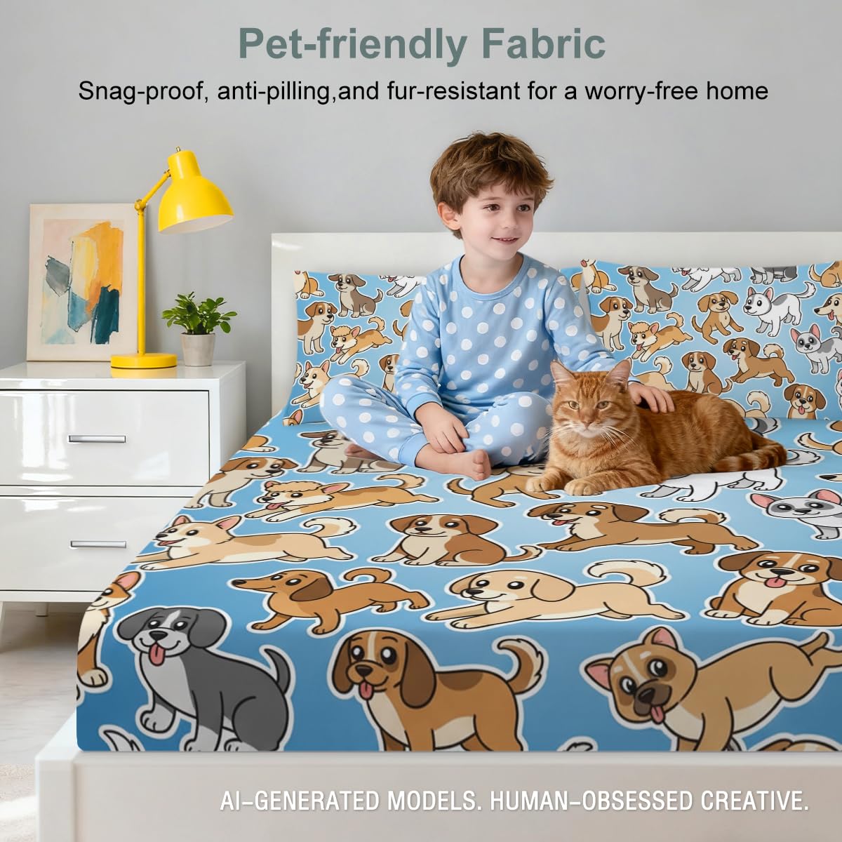 ARIGHTEX Dog Fitted Sheet Set Twin Size, 3 Pieces Cute Cartoon Puppy Bedding for Kids & Teens, Soft Microfiber Deep Pocket Sheet Set, Playful Blue Animal Bed Sheets