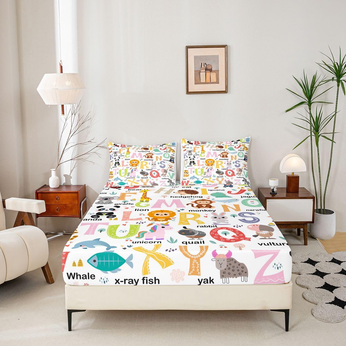 ABC Alphabet Bedding Set Twin Size for Boys Girls, Cartoon Animal Bed Sheet Set Cute Educational Learning Tool Fitted Sheet Learning Educational Bed Cover (1 Pillow Case and a Fitted Sheet)