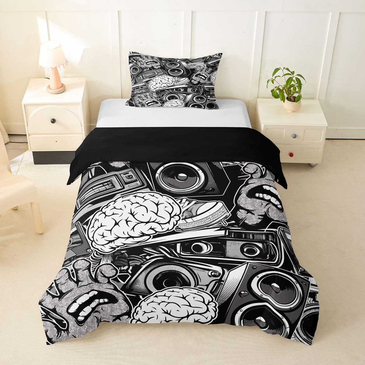 Feelyou Graffiti Bedding Set for Teens Boys Full Rock Music Theme Duvet Cover Set Hip Hop Comforter Cover Set Kids Teenage Street Art Quilt Cover Hippie Room Decor Bedding with 2 Pillow Shams (3Pcs)